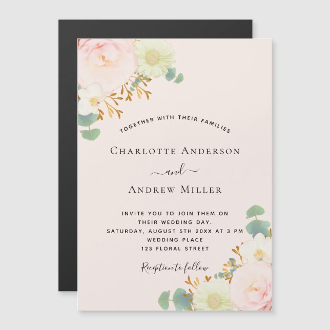 Pink white florals greenery wedding magnetic invitation (Front/Back)