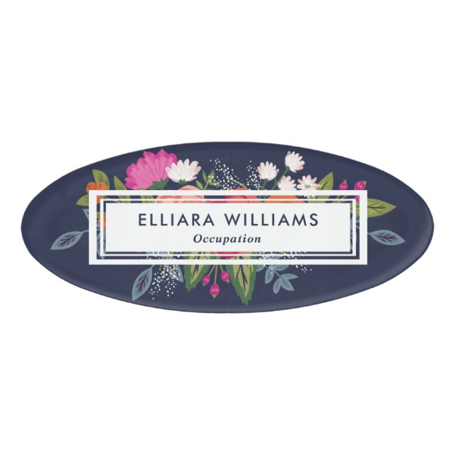 Pink & White Florals Navy Blue Name Tag (Front)