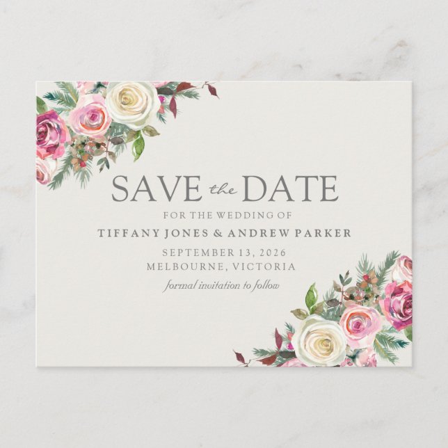 Pink White Florals Save The Date Postcard (Front)