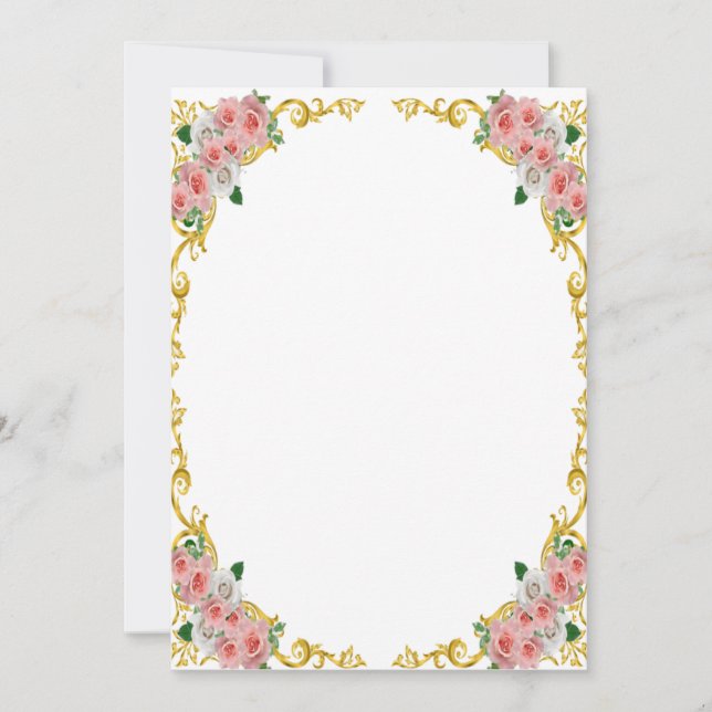 Pink White Flower Gold Baroque Frame Invitation (Front)