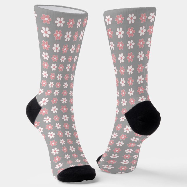 Pink & White Flower Pattern on Silver Grey Socks (Angled)