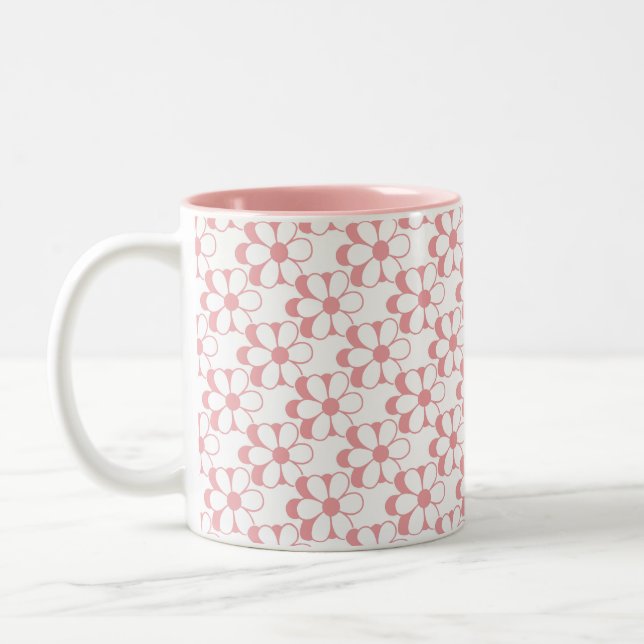Pink & White Flower Pattern on White Two-Tone Coff Coffee Mug (Left)