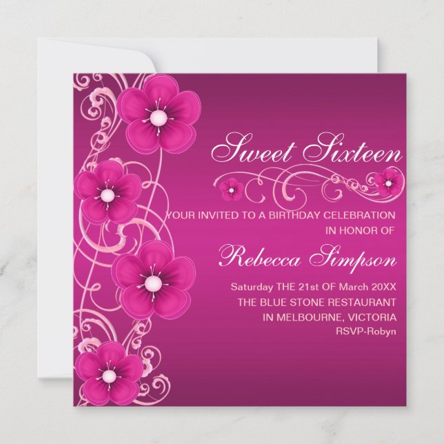 Pink & White Flower Swirl Sweet 16 Birthday Invite (Front)