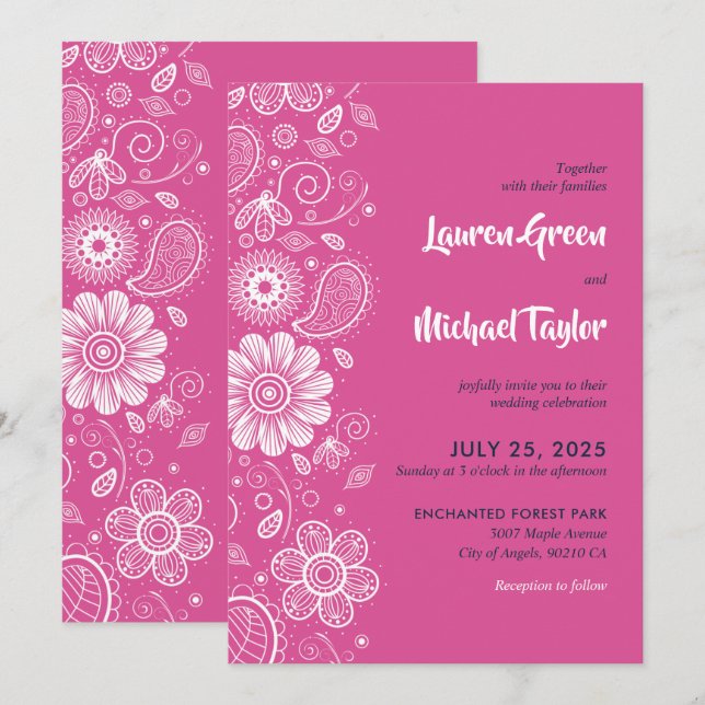Pink White Flower Swirls Paisley Pattern Floral Invitation (Front/Back)