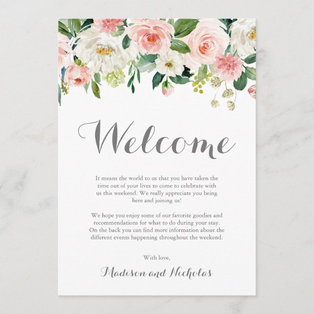 Pink White Flower Wedding Hotel Welcome Cards (Front)