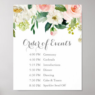 Pink White Flower Wedding Order of Events Sign