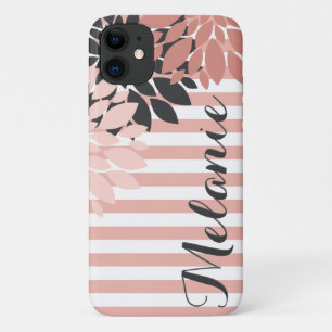 Pink White Flowers and Stripes Pattern with Name iPhone 11 Case