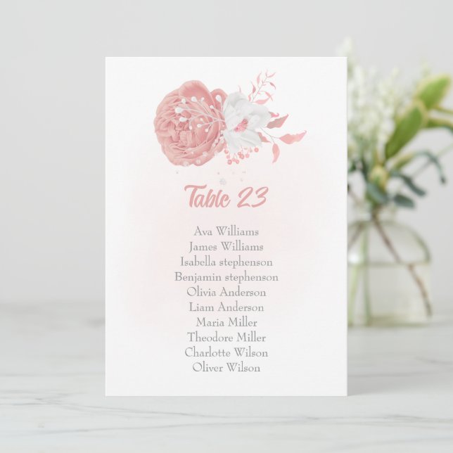 pink & white flowers botanical seating chart card (Standing Front)
