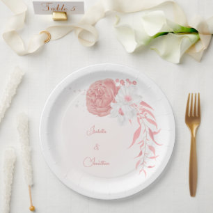 pink & white flowers botanical wedding paper plate