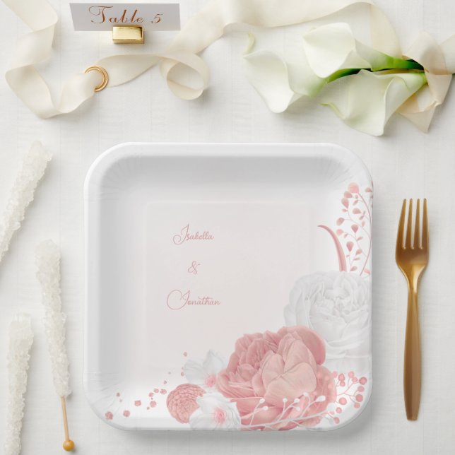 pink & white flowers botanical wedding paper plate (Wedding)
