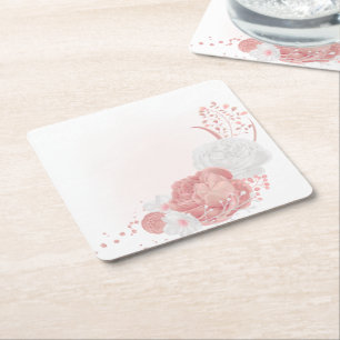 pink & white flowers botanical wedding square paper coaster