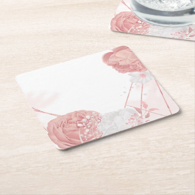 pink & white flowers botanical wedding square paper coaster (Angled)