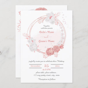 pink & white flowers botanical wreath wedding invitation