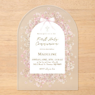 pink white flowers  First Communion Acrylic Invitations