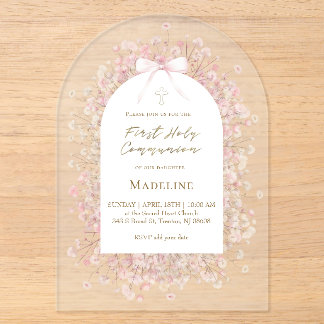pink white flowers First Communion Acrylic Invitations