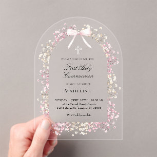 pink white flowers First Communion Acrylic Invitations