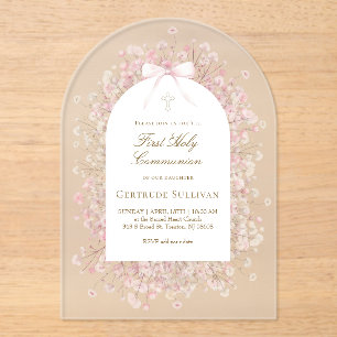 pink white flowers First Holy Communion Acrylic Invitations