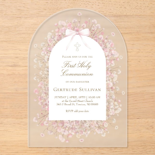 pink white flowers First Holy Communion Acrylic Invitations (Front)