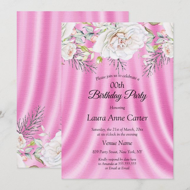 Pink White Flowers Floral Birthday Party Invitation (Front/Back)