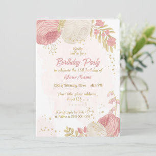 pink & white flowers gold botanical birthday party invitation