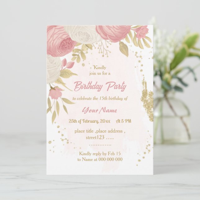 pink & white flowers gold botanical birthday party invitation (Standing Front)