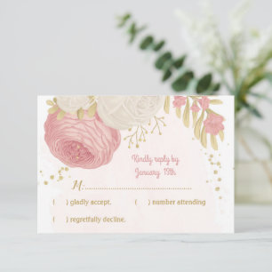 pink & white flowers gold botanical rsvp card