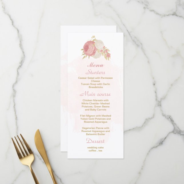 pink & white flowers gold botanical wedding menu (Front/Back In Situ)