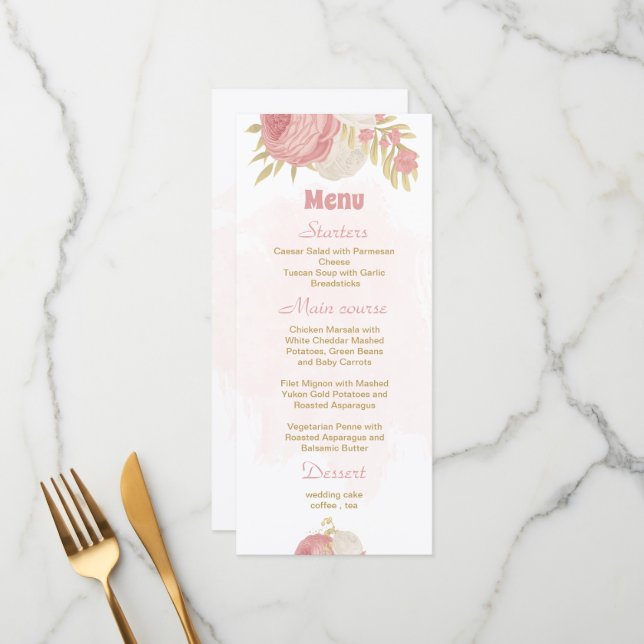 pink & white flowers gold botanical wedding menu (Front/Back In Situ)