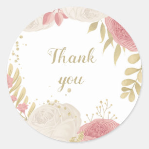 pink & white flowers gold floral thank you classic round sticker