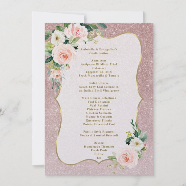 Pink White Flowers Gold Girl Confirmation Menu Invitation (Front)