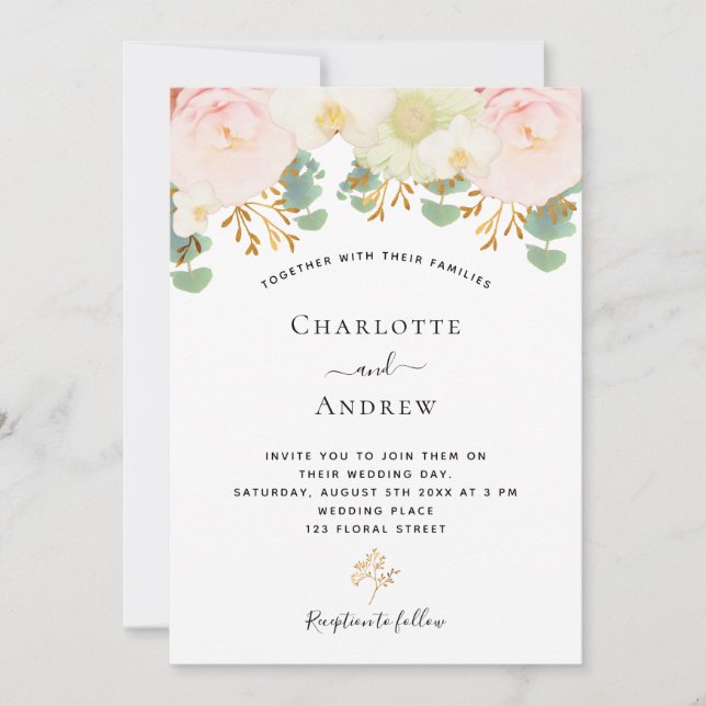 Pink white flowers gold greenery wedding invitation (Front)