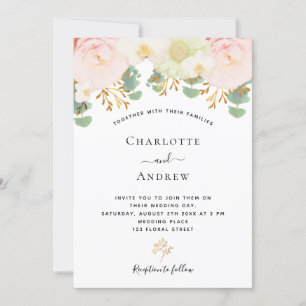 Pink white flowers gold greenery wedding invitation