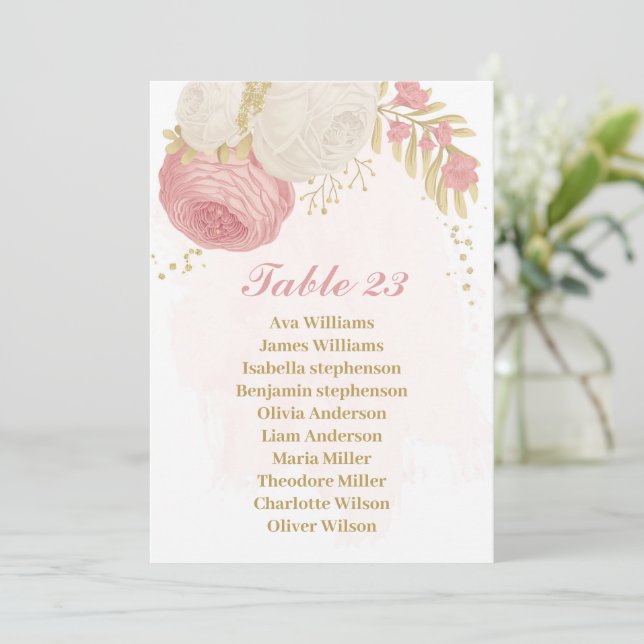 pink & white flowers gold seating chart card (Standing Front)
