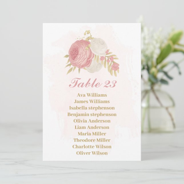pink & white flowers gold seating chart card (Standing Front)