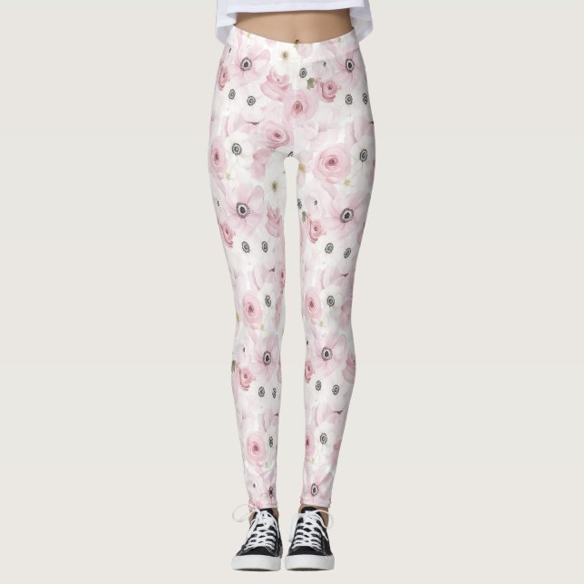 Pink White Flowers Leggings (Front)