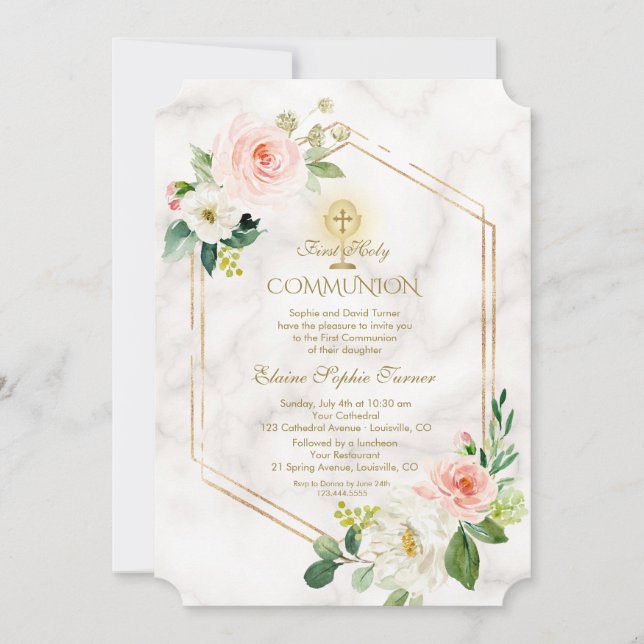 Pink White Flowers Marble Gold Holy Communion Invitation (Front)