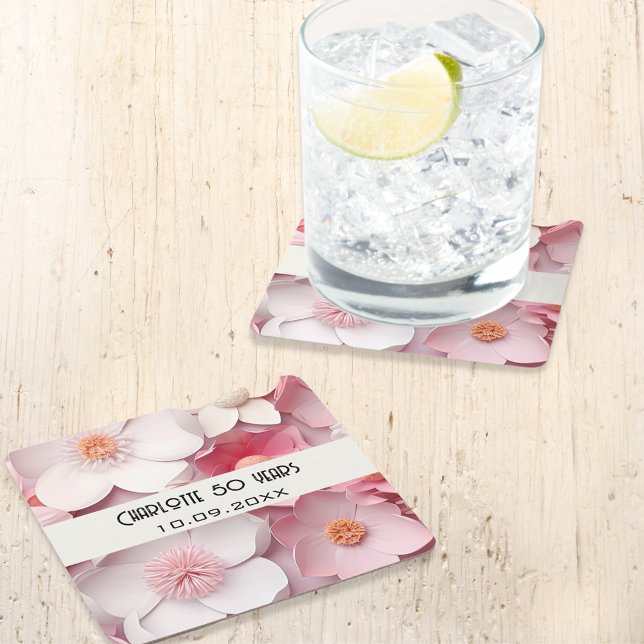 Pink white flowers name birthday party square paper coaster (Creator Uploaded)