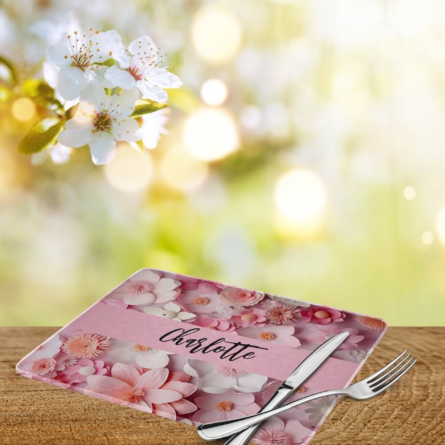 Pink white flowers name script cutting board (Creator Uploaded)