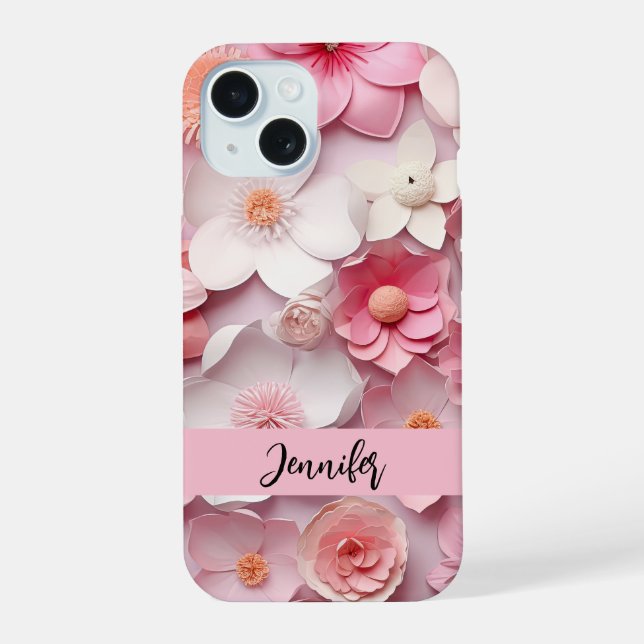 Pink white flowers name script iPhone 15 case (Back)
