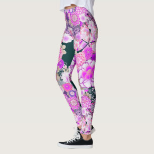PINK WHITE FLOWERS Peony,Roses Japanese Floral  Leggings