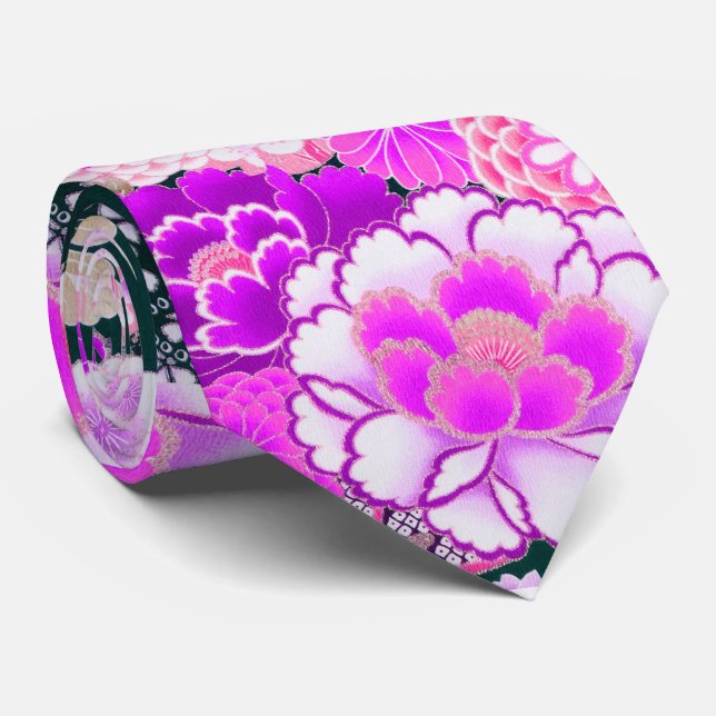 PINK WHITE FLOWERS Peony,Roses Japanese Floral Nec Tie (Rolled)