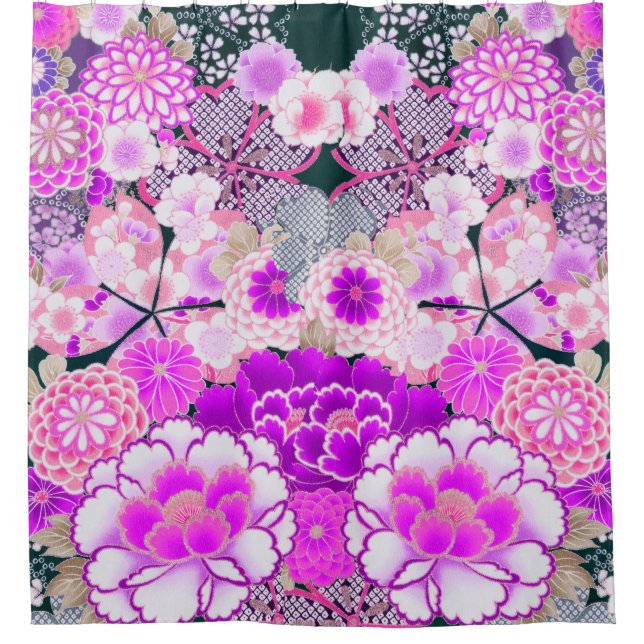 PINK WHITE FLOWERS Peony,Roses Japanese Floral Shower Curtain (Front)