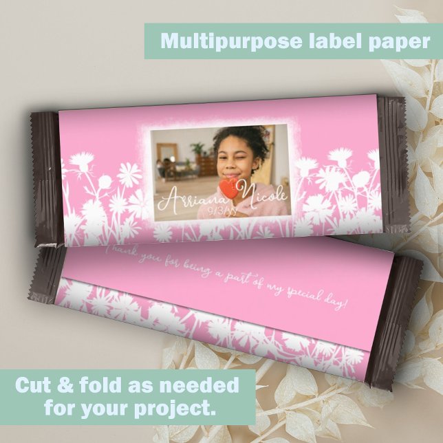 Pink White Flowers Personalised Candy Bar Wrapper (Pink, white botanical wild flowers bat mitzvah personalized chocolate bar wrapper DIY cheap budget)