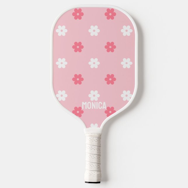  Pink &White  Flowers Personalised script Name Pickleball Paddle (Back)