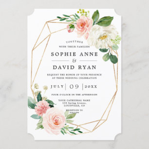 Pink White Flowers Rose Gold All In One Wedding Invitation