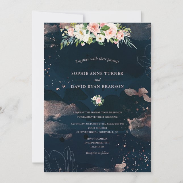 Pink White Flowers Rose Gold Navy Blue Wedding Invitation (Front)