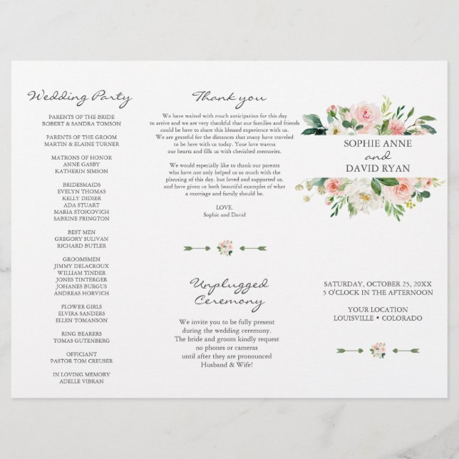 Pink White Flowers Tri+Fold Wedding Program Flyer (Front)