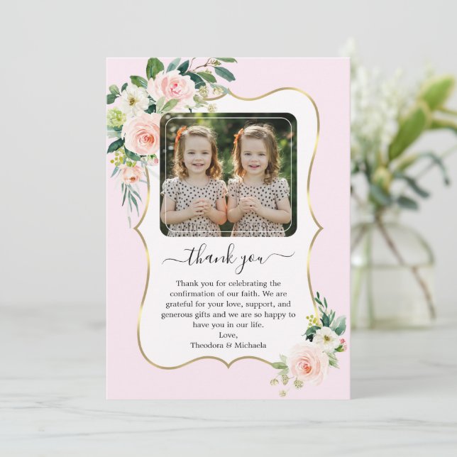 Pink White Flowers Twin Girls Photo Confirmation  Thank You Card (Standing Front)