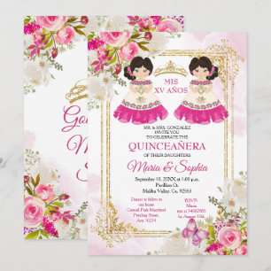 Pink & White Flowers Twin Quinceanera  Invitation
