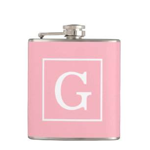 Pink White Framed Initial Monogram Hip Flask